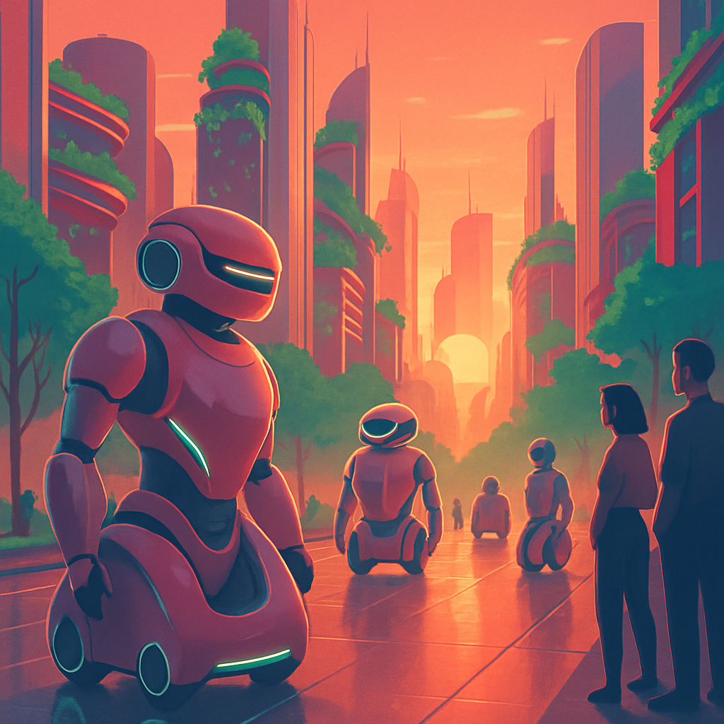 3dmodel In a futuristic cityscape bathed in the warm glow of a setting sun sleek selfdriving machines glide effortlessly along shimmering streets Towe-3