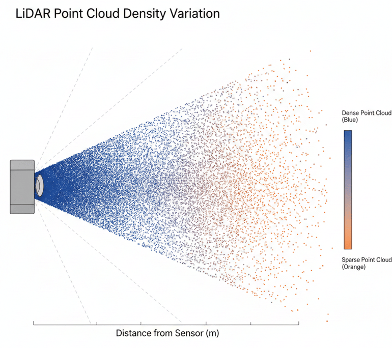  Technical diagram showing LiDAR point cloud density variation, dense points near sensor fading to sparse points at distance,   cross-section view, gradient from dense blue to sparse orange points, clean minimal style, white background