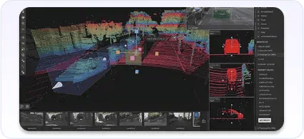 3D LiDAR point cloud annotation interface showing cuboid bounding boxes on vehicles in an urban scene