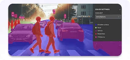 Semantic segmentation annotation showing drivable surface, road, vehicles, pedestrians, and traffic devices highlighted in different colors on an urban street scene