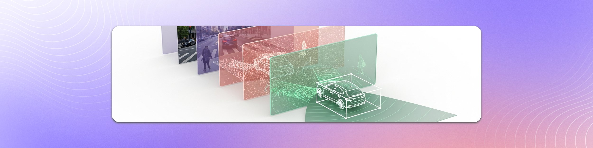 Camera, LiDAR, and radar views of one street scene aligning into a single fused annotation frame