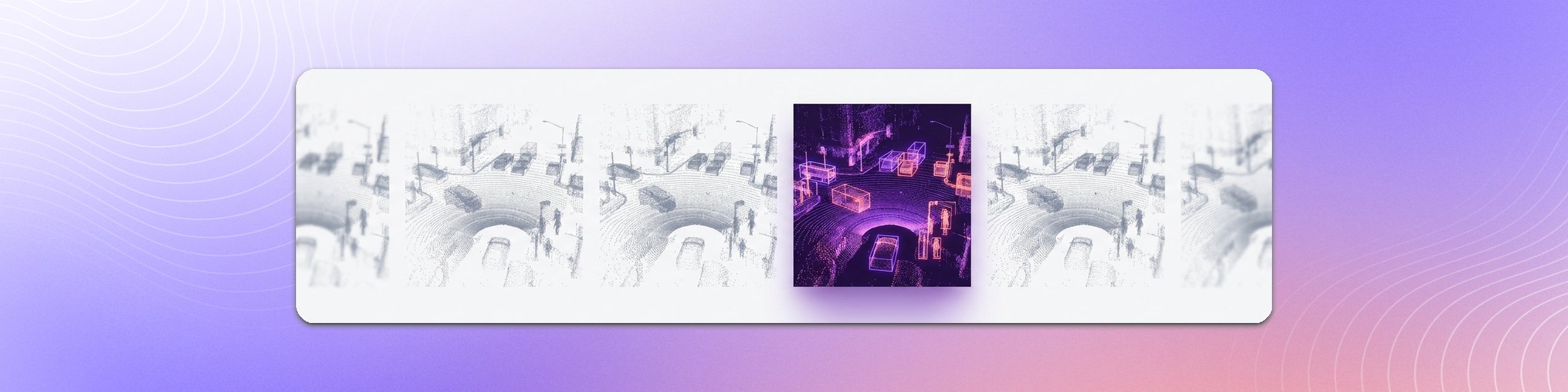 Eight LiDAR point cloud scans of the same street scene side by side, seven sparse and grey and one dense and purple with 3D bounding boxes locked onto the vehicles