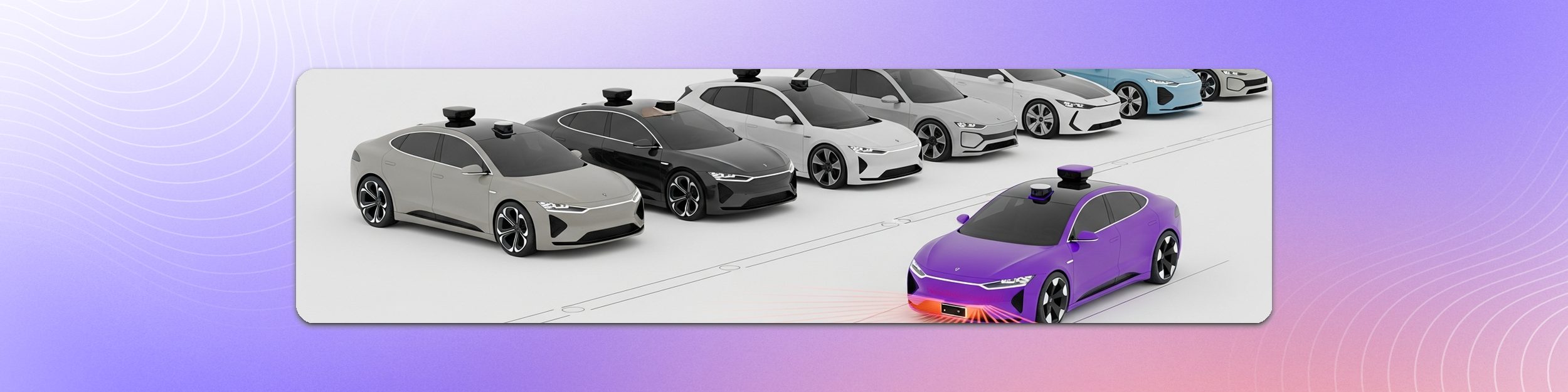 Lineup of eight LiDAR-equipped autonomous vehicles with one highlighted, representing a comparison of LiDAR annotation platforms