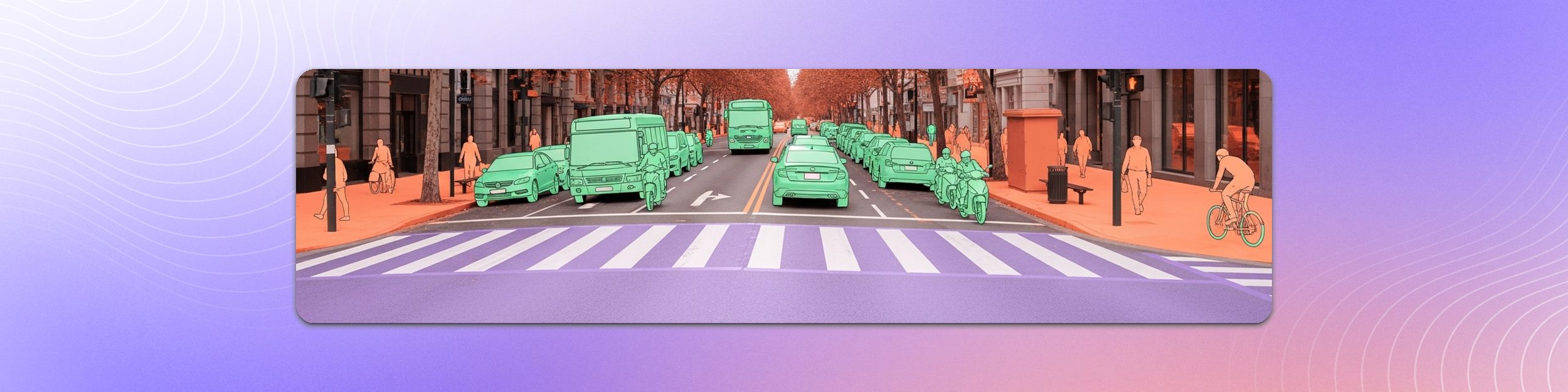 City street scene with a crisp semantic segmentation mask overlay