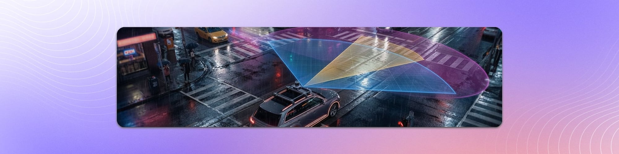 Autonomous vehicle at a rainy urban intersection with overlapping LiDAR, radar and camera sensor coverage projected onto the road