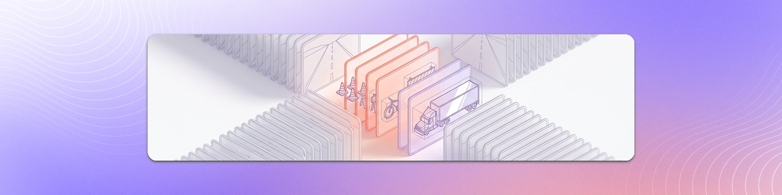 Isometric illustration of long rows of identical pale highway frames, with a few frames pulled out and glowing coral and purple, showing traffic cones, a cyclist and a truck