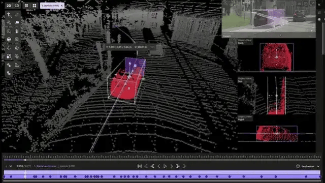 Kognic annotation platform showing 3D point cloud data with bounding box annotation and synchronized camera views