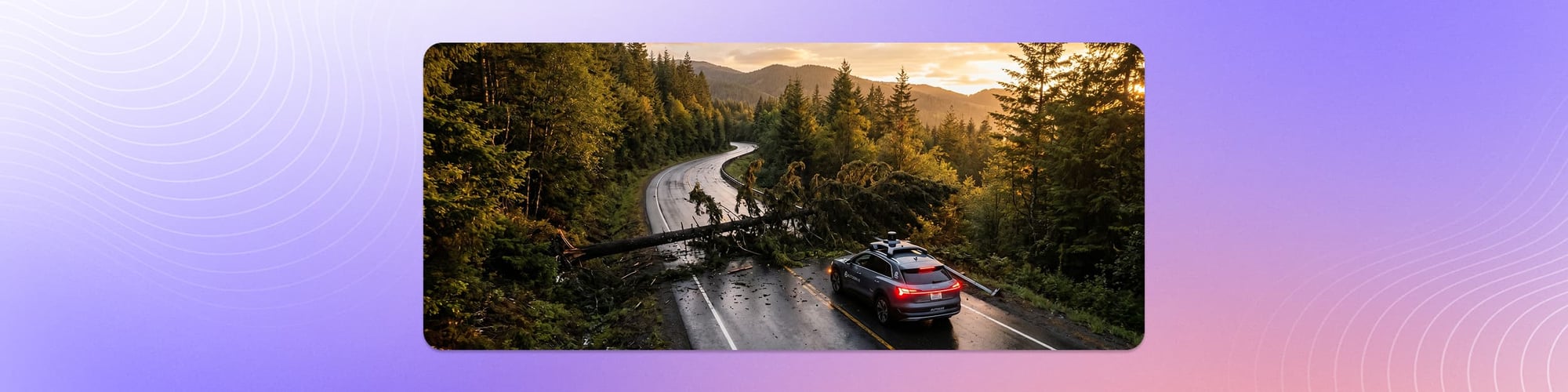 Autonomous vehicle with roof-mounted LiDAR braking before a fallen tree across a forest road at sunset — a    real-world edge case in autonomous driving.