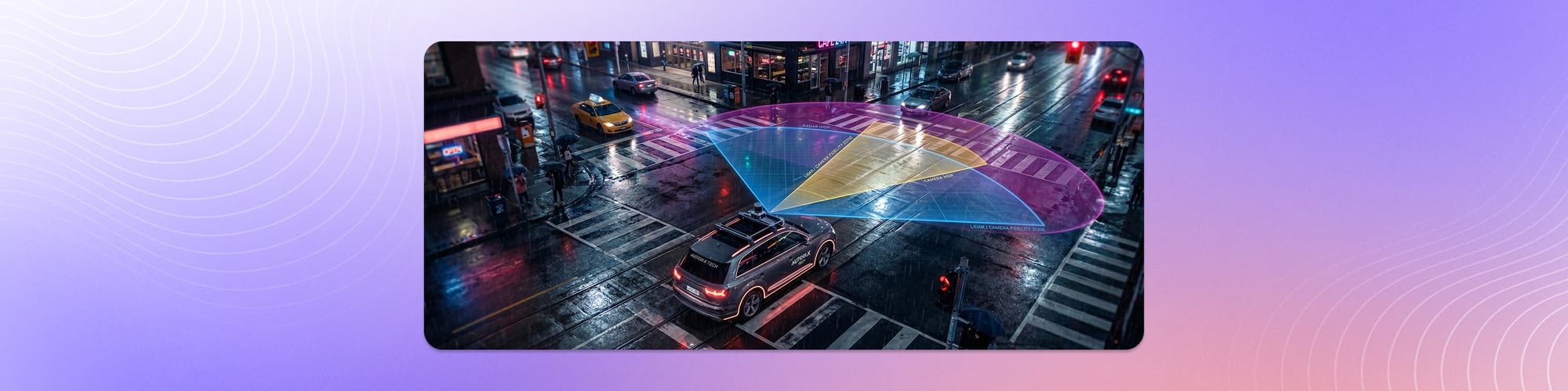 Sensor fusion annotation visualization showing an autonomous vehicle at a rainy urban intersection with overlapping LiDAR, radar, and camera fidelity zones projected onto the road.