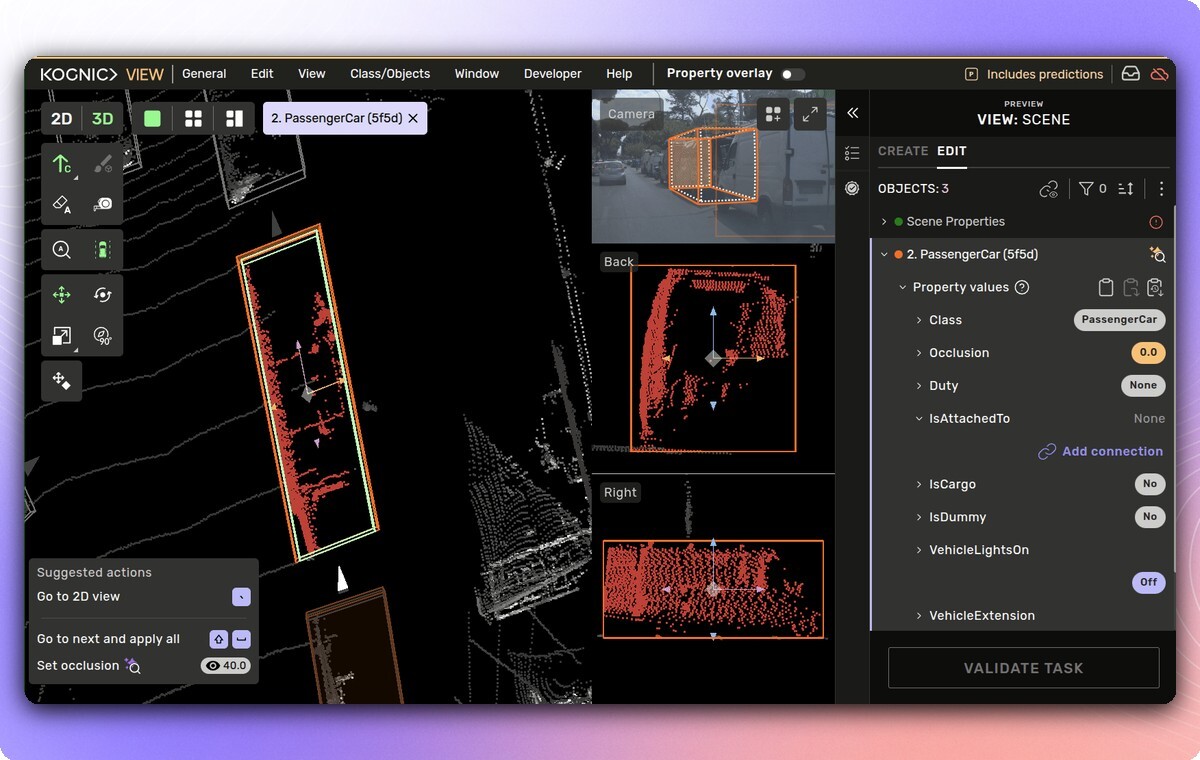 Kognic Action Assist guiding 2D/3D fusion annotation workflow