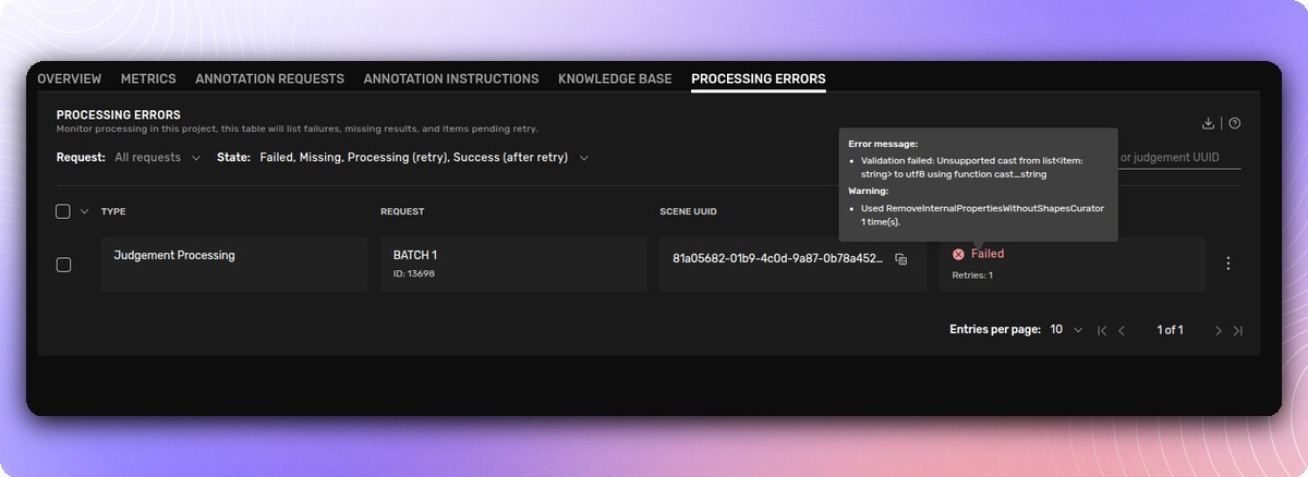 Kognic Processing Errors tab showing failed processing items with retry option