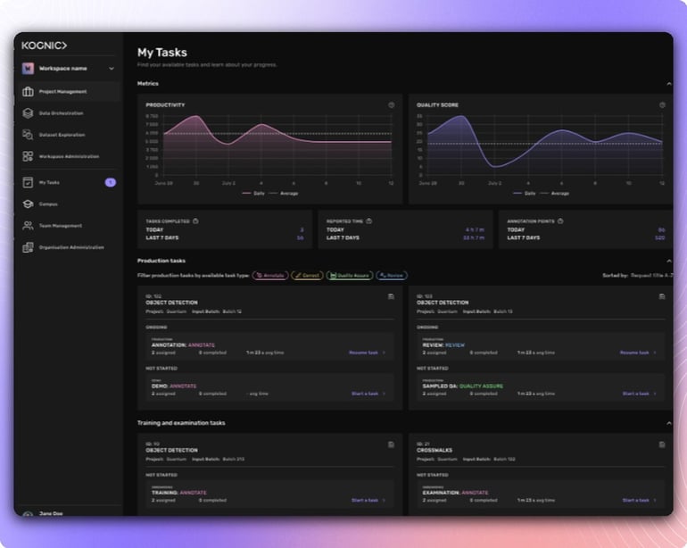 Kognic My Tasks redesigned metrics — productivity and quality at a glance