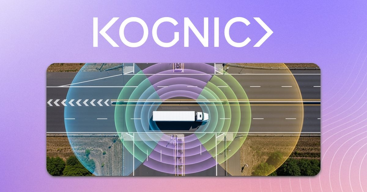 Aerial view of an autonomous truck with multi-LiDAR sensor coverage radiating across a highway