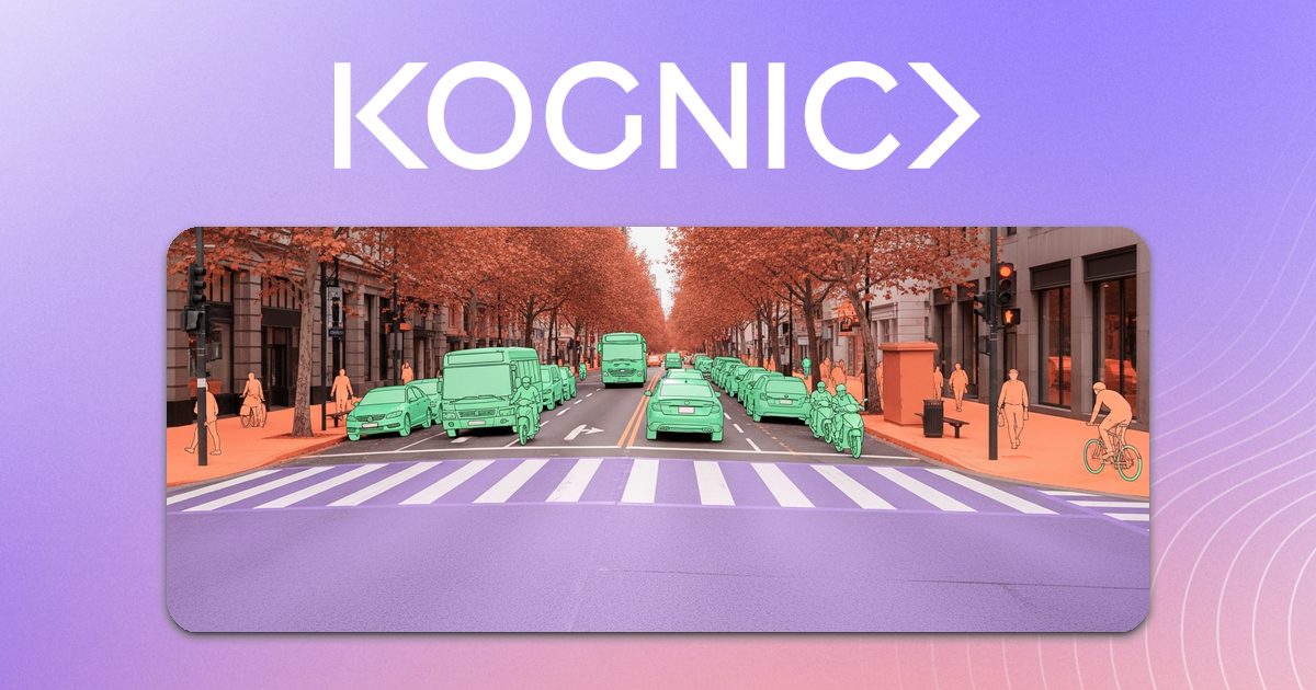 City street scene with a crisp semantic segmentation mask overlay