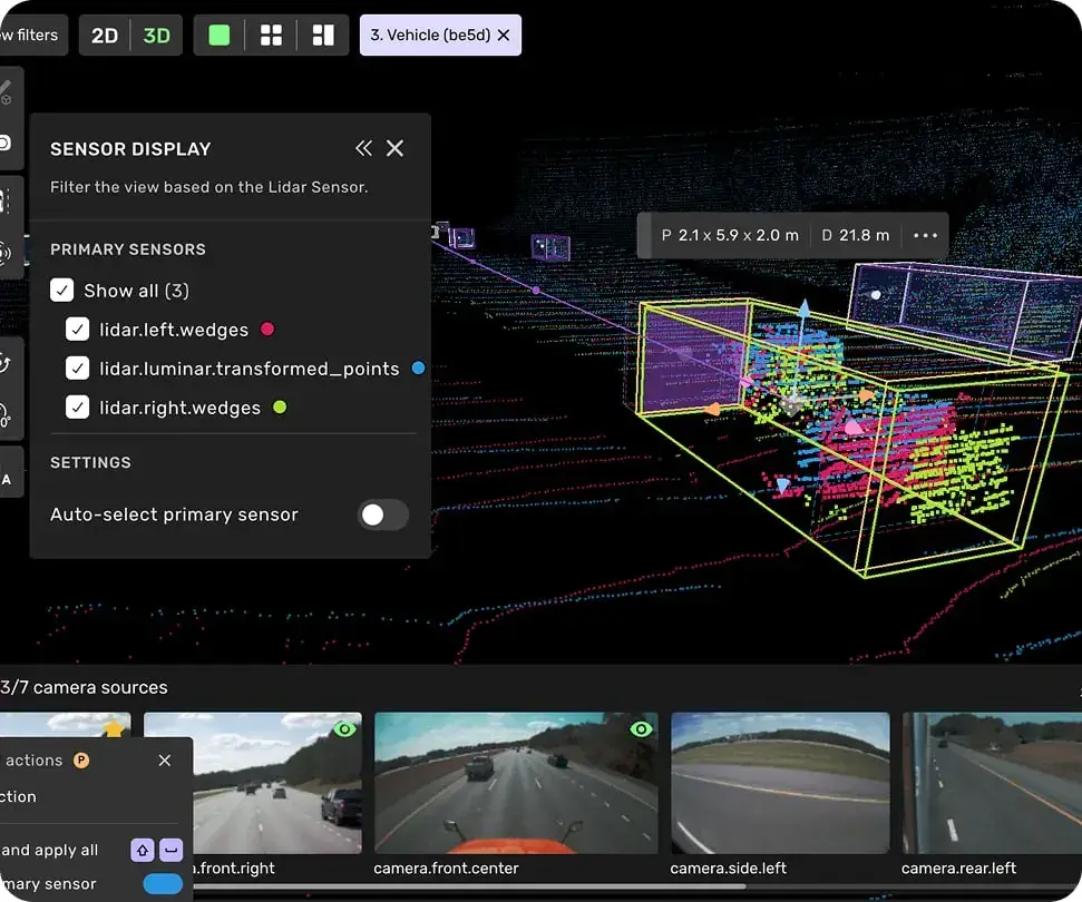 A vehicle annotated as a 3D cuboid in a multi-LiDAR point cloud, with the synchronized camera views along the bottom