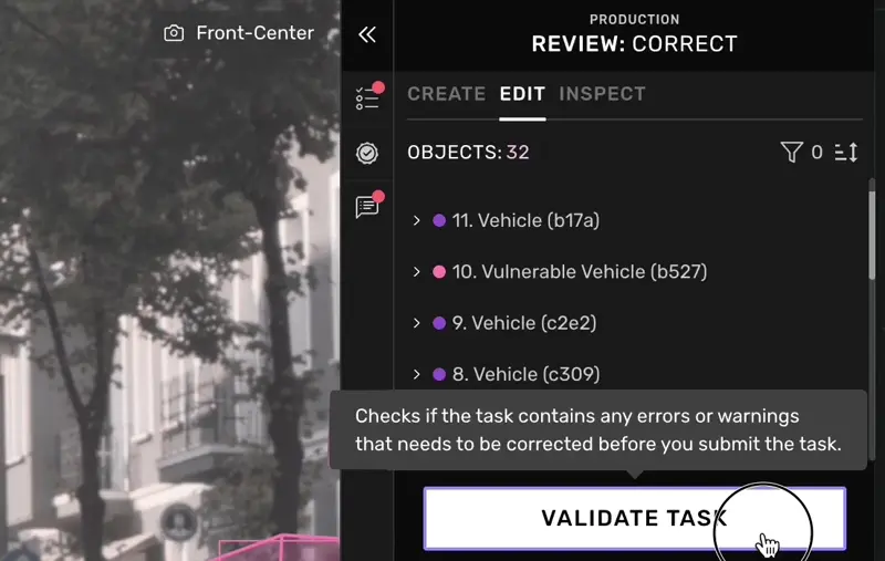 Kognic review view in the Review: Correct stage, with an object list and a Validate Task button that checks the task for errors and warnings before it is submitted