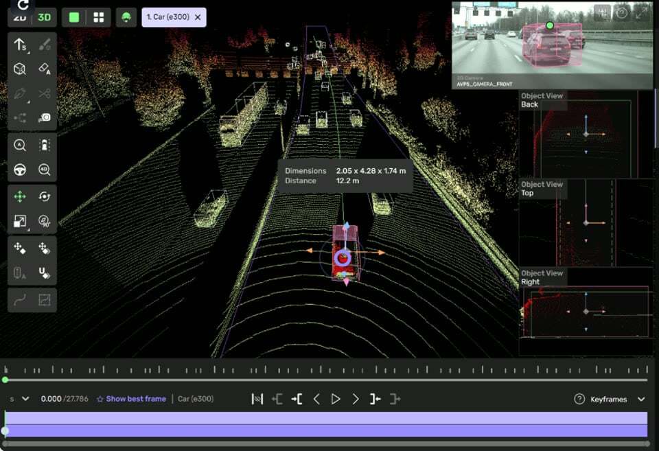 Kognic 3D view of a highway LiDAR sequence with vehicles marked as cuboids, the selected car shown in the front camera and in back, top and side object views