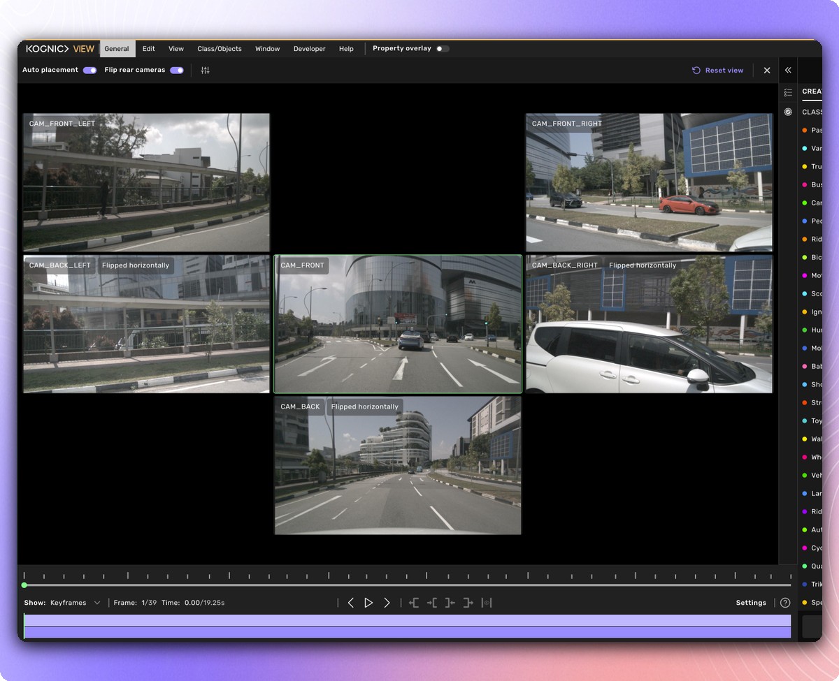 Kognic expanded camera drawer showing every 2D camera in one grid while setting scene properties on a multi-camera task