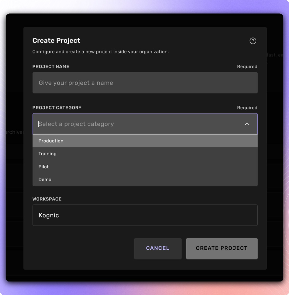 Kognic Create Project dialog showing the Production, Training, Pilot and Demo project categories during project setup