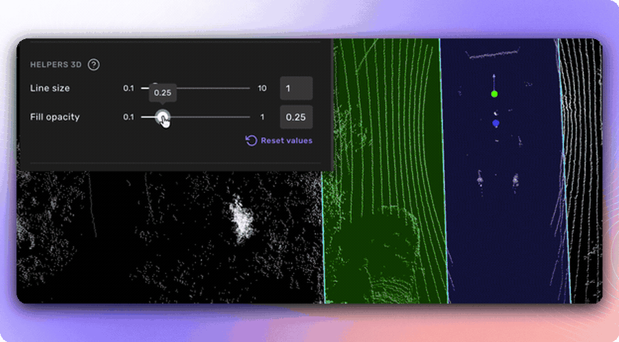 Kognic fill opacity slider fading 3D lane surfaces to reveal the point cloud underneath