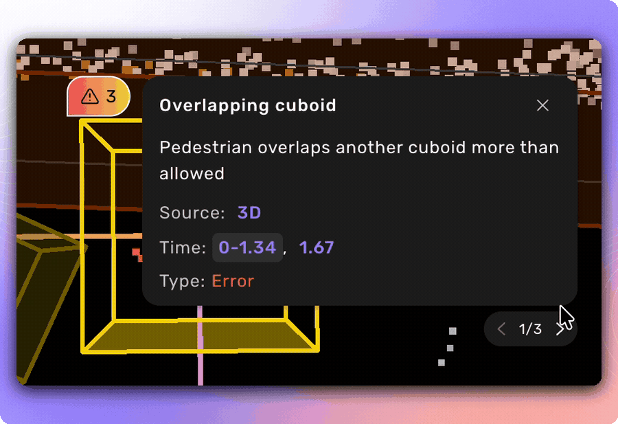 Kognic validation report card stepping through three live-check issues on a 3D cuboid