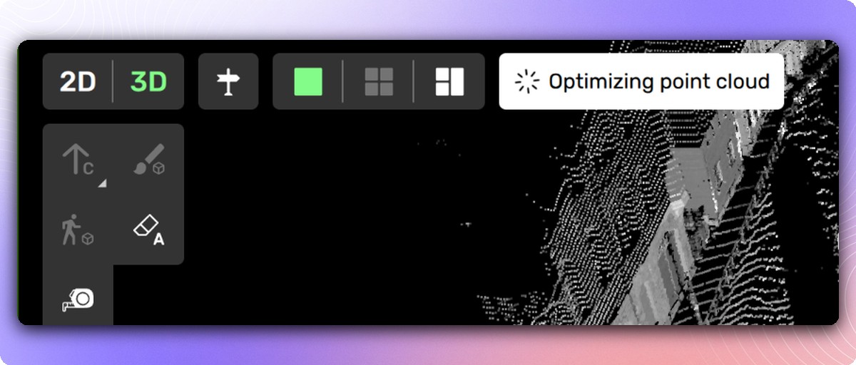 Kognic drawing tool showing the Optimizing point cloud indicator while an aggregated lidar scene loads