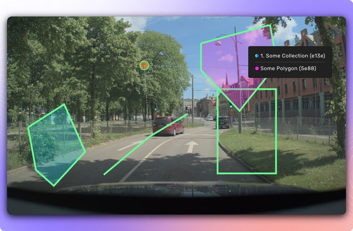 Kognic property overlay showing a geometry collection with dashed lines between its member shapes on a camera image