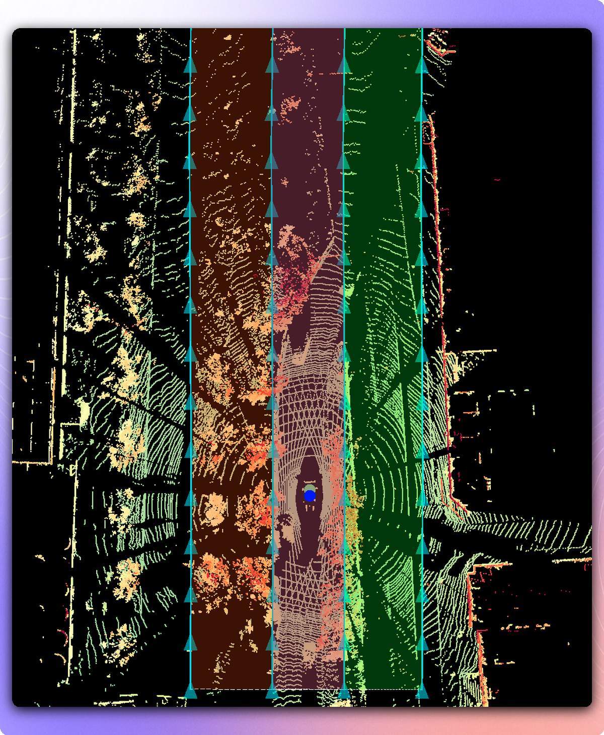 Kognic shaded areas between linked 3D lanes in a top-down lidar view during lane link review