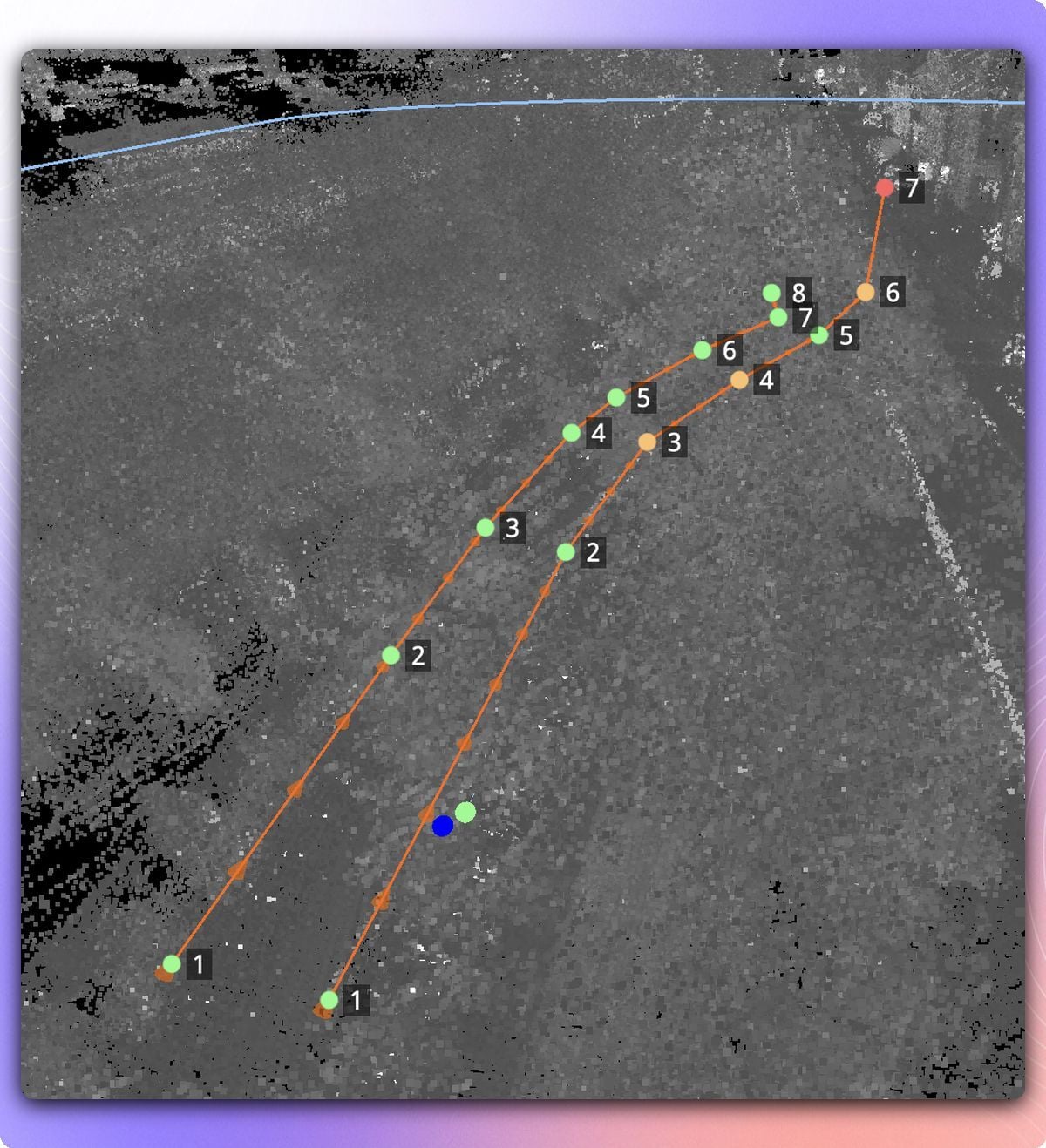 Kognic numbered nodes on two 3D lane lines in a lidar point cloud during lane review