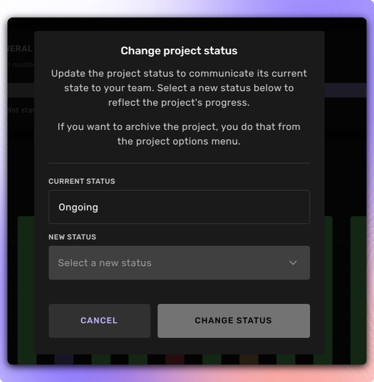 Kognic Change project status dialog in Project Management