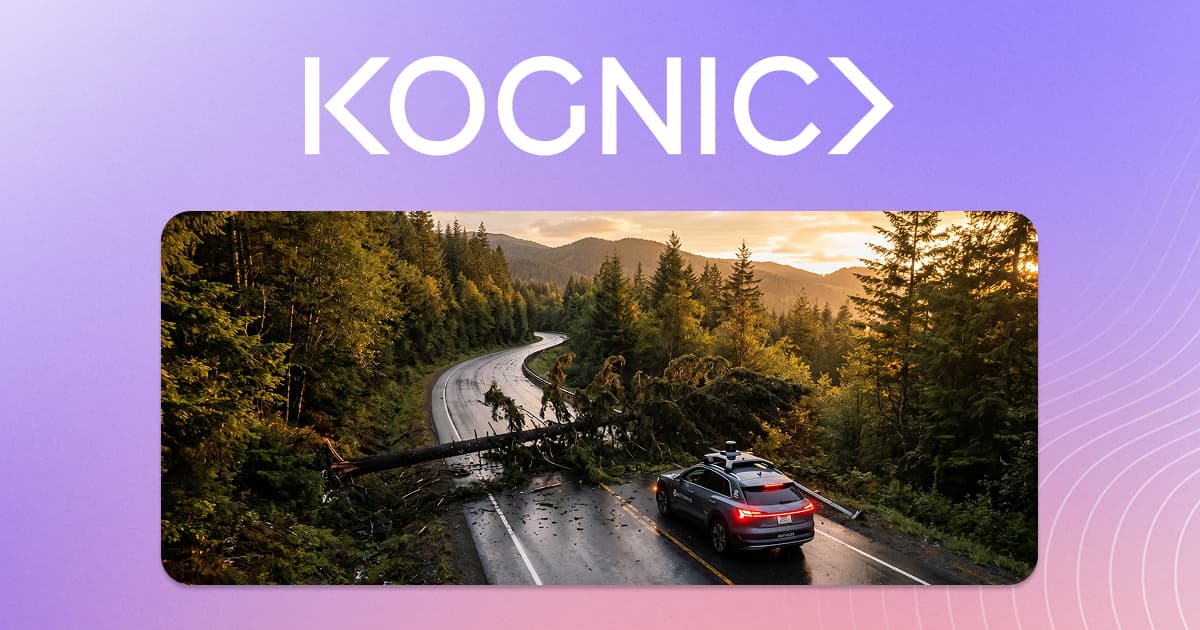 Autonomous vehicle with roof-mounted LiDAR braking before a fallen tree across a forest road at sunset — a    real-world edge case in autonomous driving.