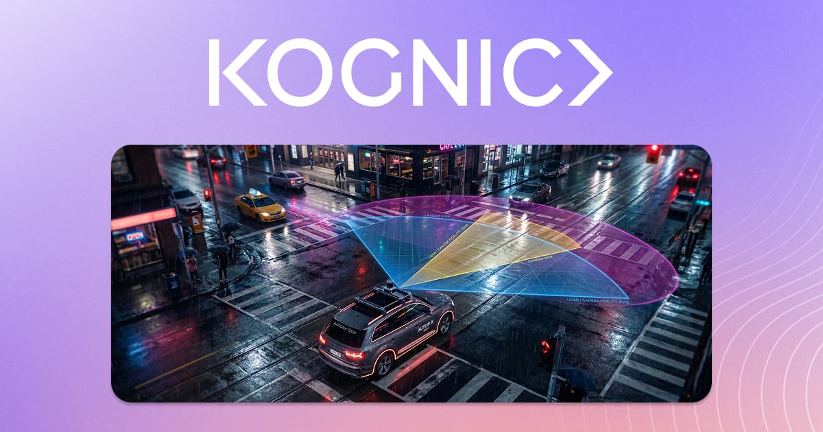 Sensor fusion annotation visualization showing an autonomous vehicle at a rainy urban intersection with overlapping LiDAR, radar, and camera fidelity zones projected onto the road.