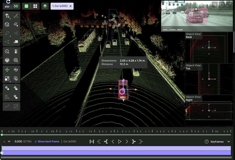  Kognic platform displaying pre-annotation of a car with 3D bounding box dimensions and distance in a LiDA          +R point cloud scene, with synchronized camera and multi-view object panels