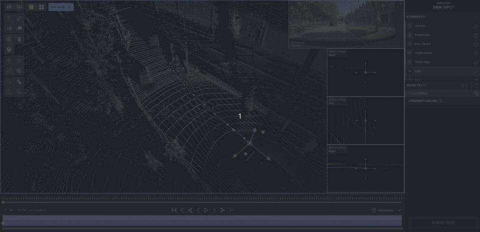 Kognic platform showing smart interpolation of 3D line annotations across frames in a point cloud scene, with automatic ego-motion   compensation and keyframe timeline